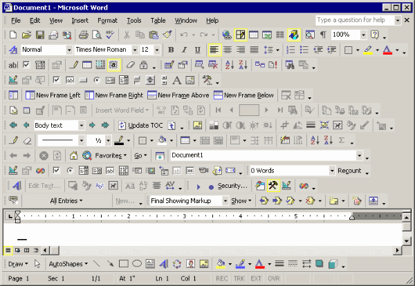 Screen shot of Microsoft Word showing all the toolbars and menus at once with a tiny little place to type.