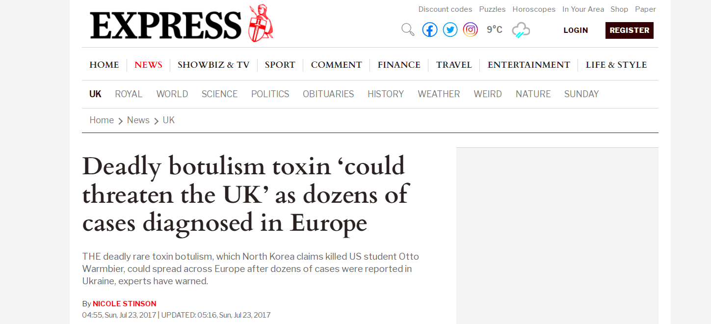 Screenshot of a report on the increase in cases of botulinum toxin poisoning in Ukraine in 2017 from express.co.uk