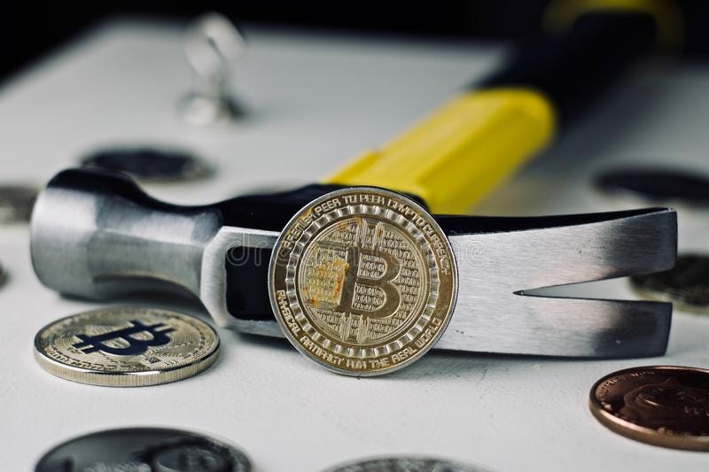 Bitcoin Coin and hammer stock image. Image of savings ...
