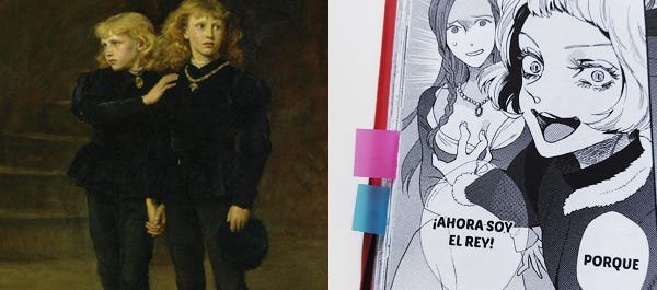 Comparación del cuadro de Millais de los príncipes con aspecto inocente con un momento de Réquiem por el rey de la rosa donde el príncipe Edward agrede sexualmente a una mujer.