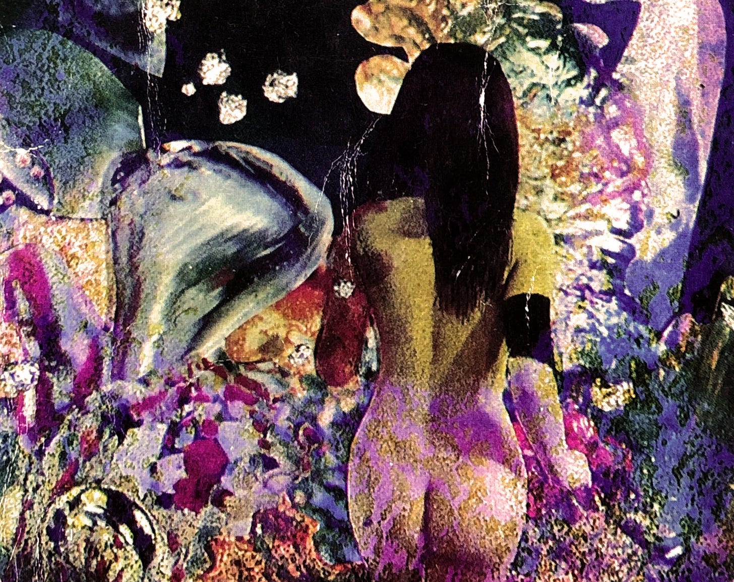 dettaglio dell'illustrazione di copertina dell'edizione inglese del 1973, pubblicata dalla Arrow Books, di Solaris di Stanislaw Lem, che ritrae di spalle una donna in abiti così discinti da essere limitati a una fascia nera sul braccio destro, che muove quelli che sembrano primi incerti sconcertati passi in un coacervo di vegetazione aliena