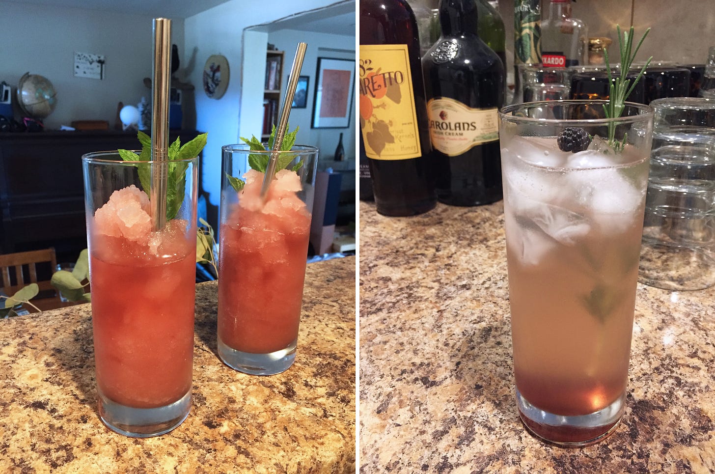 left image: two collins glasses with metal straws, filled with pink frosé and large sprigs of mint. right image: a collins glass with a light pink transluscent cocktail, darker at the bottom. a sprig of rosemary and two black raspberries sit on top of the ice cubes.