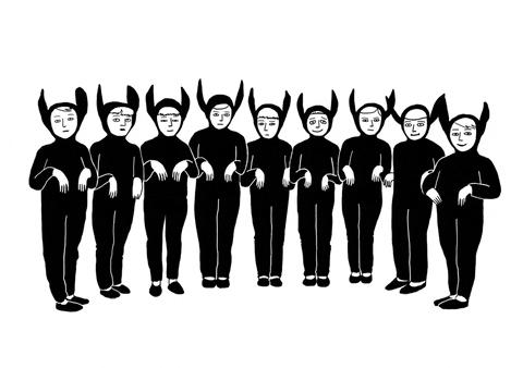 gif animado em preto e branco de um desenho de um grupo de crianças lado a lado, vestidas de coelho, dando pulinhos