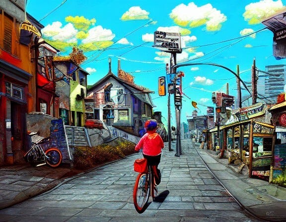 Bicycle on a street, Bizarre, mixed media, digital art - AI generated image based on AI text prompt