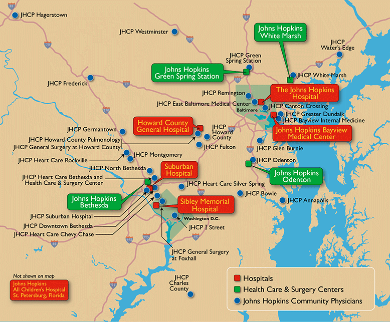 a map of Johns Hopkins locations in Maryland
