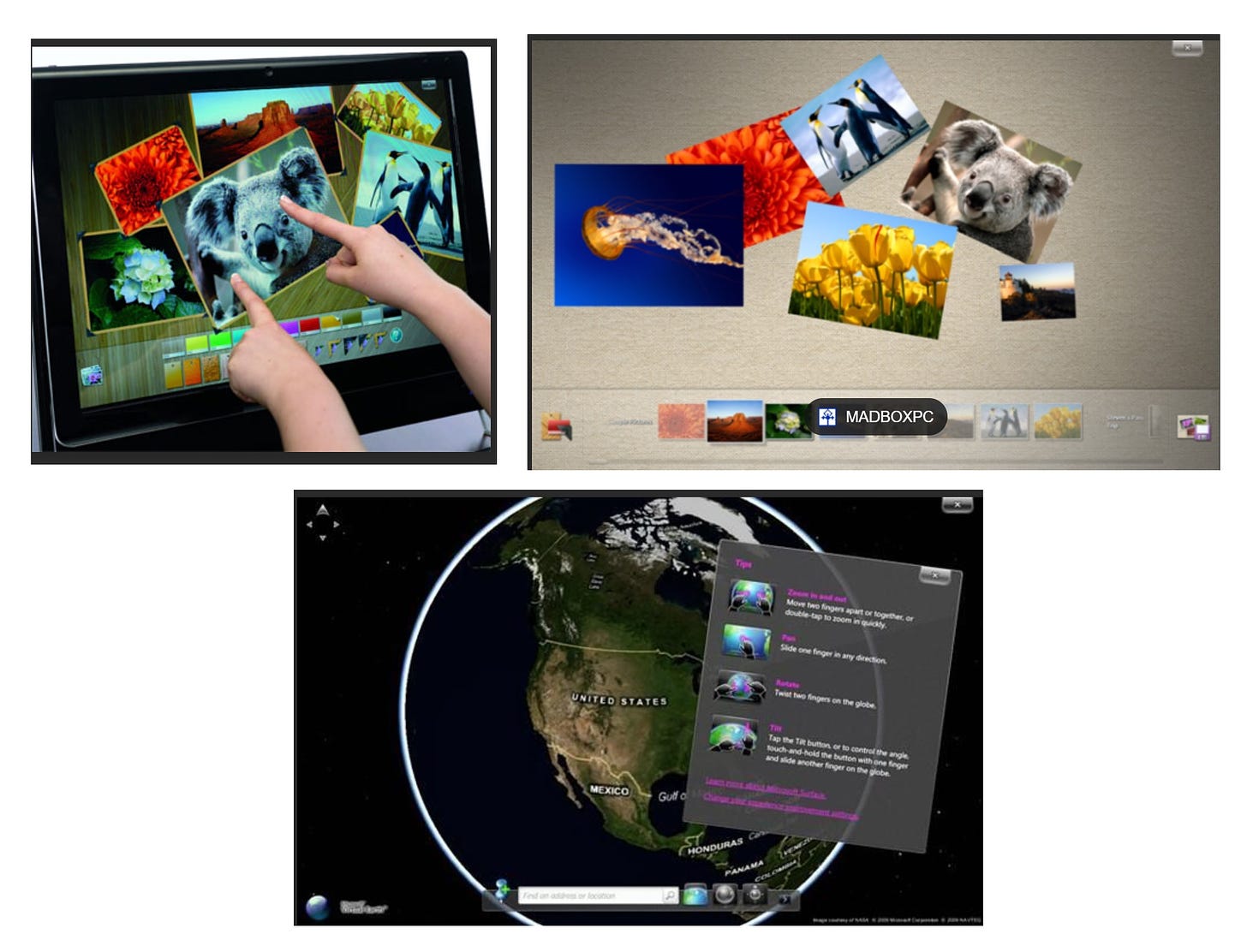 Three screen shots. 1) Photos being manipulated by multitouch, 2) a screen saver collection, 3) a map of the globe manipulated with touch.