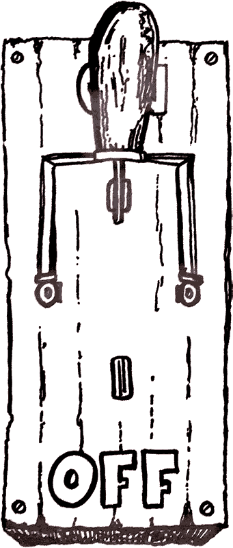 line drawing of a weathered wooden electrical switch with the word "off" at the bottom in block letters