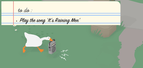 to do: play the song 'it's raining men'. Goose is holding a radio.