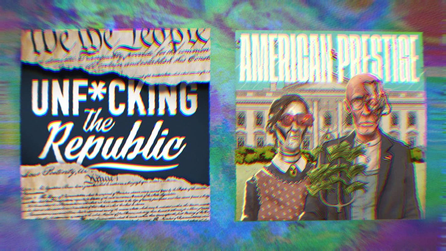 Unf_cking The Republic Logo and American Prestige Logo on a rainbow background