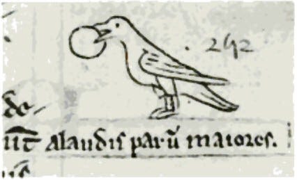a medieval image showing a line drawing of a bird holding a big circle in its beak. there is latin text beneath the bird.