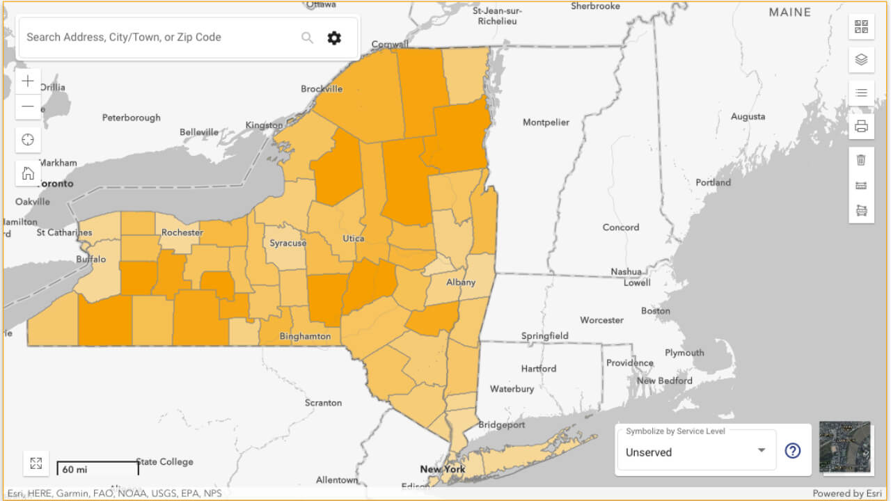 The orange gradient reflects the number of unserved households in each region.  (Source: New York State PSC Broadband Map)
