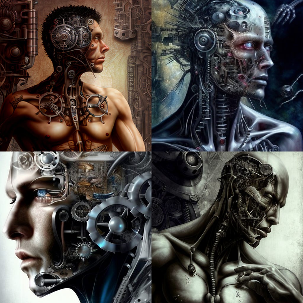 cyborg man, machine and life merged, symbiosis, symbolic and meaningful