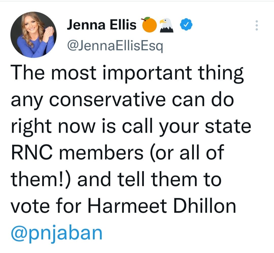 May be a Twitter screenshot of 1 person and text that says 'Jenna Ellis @JennaEllisEsq The most important thing any conservative can do right now is call your state RNC members (or all of them!) and tell them to vote for Harmeet Dhillon @pnjaban'