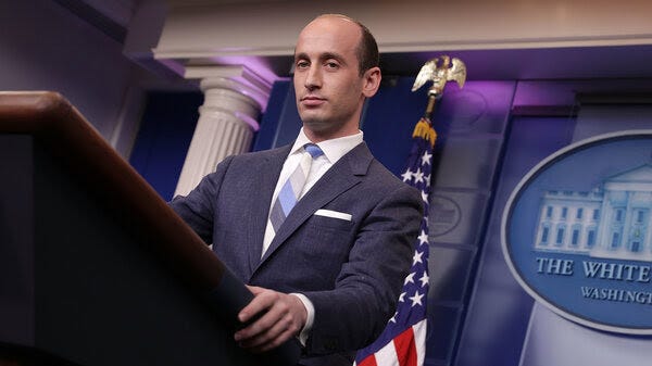 America First Legal, an organization launched by former Donald Trump aide Stephen Miller (seen here at the White House in 2017), has been funding political ads that accuse the Biden administration of "pushing radical gender experiments on children."