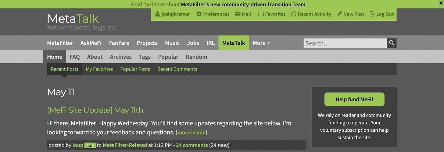 A screenshot of the MetaTalk page of MetaFilter, with dark gray background and lime green accents.A screenshot of the Ask MetaFilter page of MetaFilter, with dark green background and lime green accents.