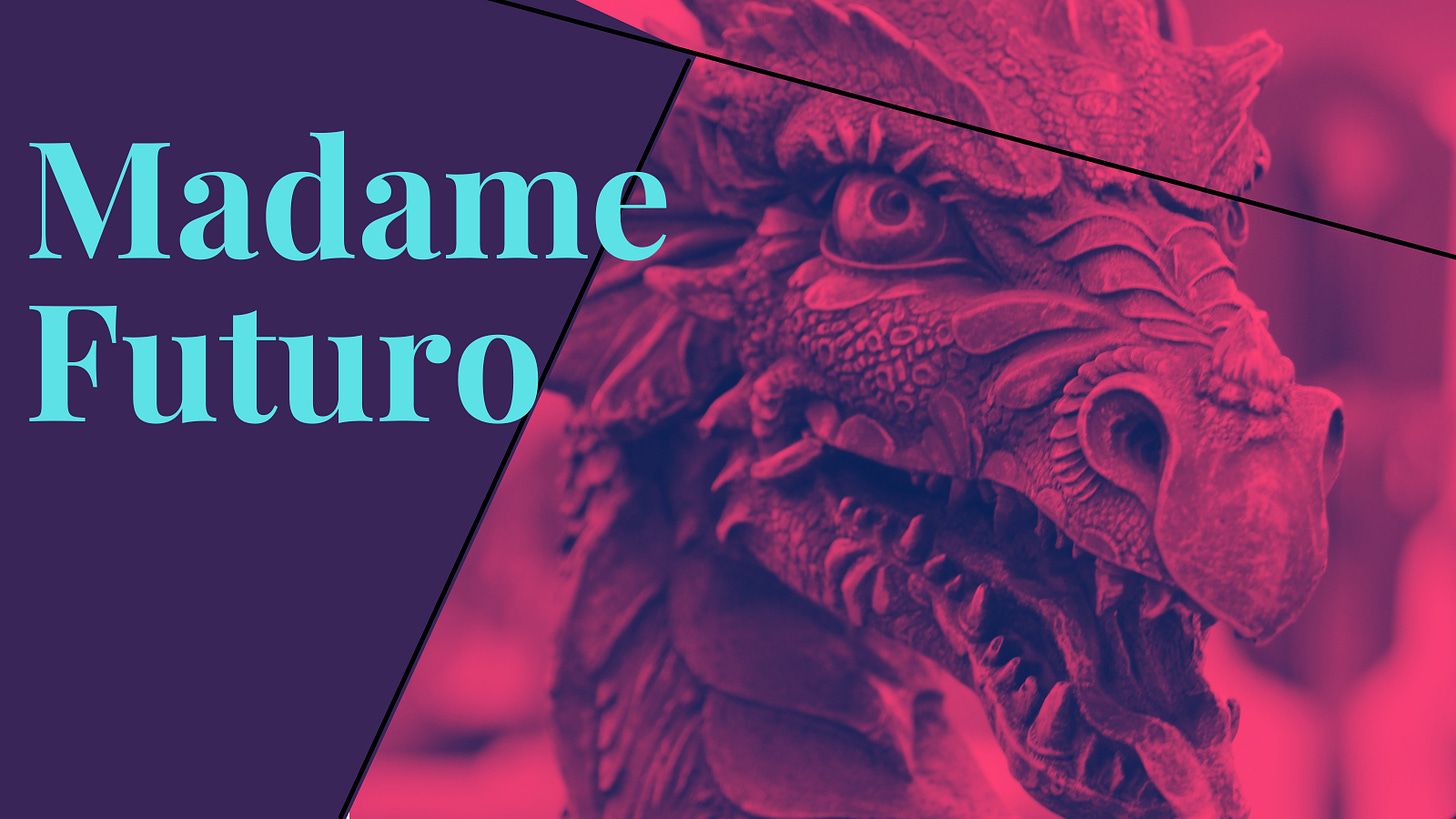 Imagem dividida em duas. Na esquerda, o título do conto em turquesa sobre fundo roxo. Na direita, a imagem da cabeça de um dragão estática com uma camada de cor rosa por cima.