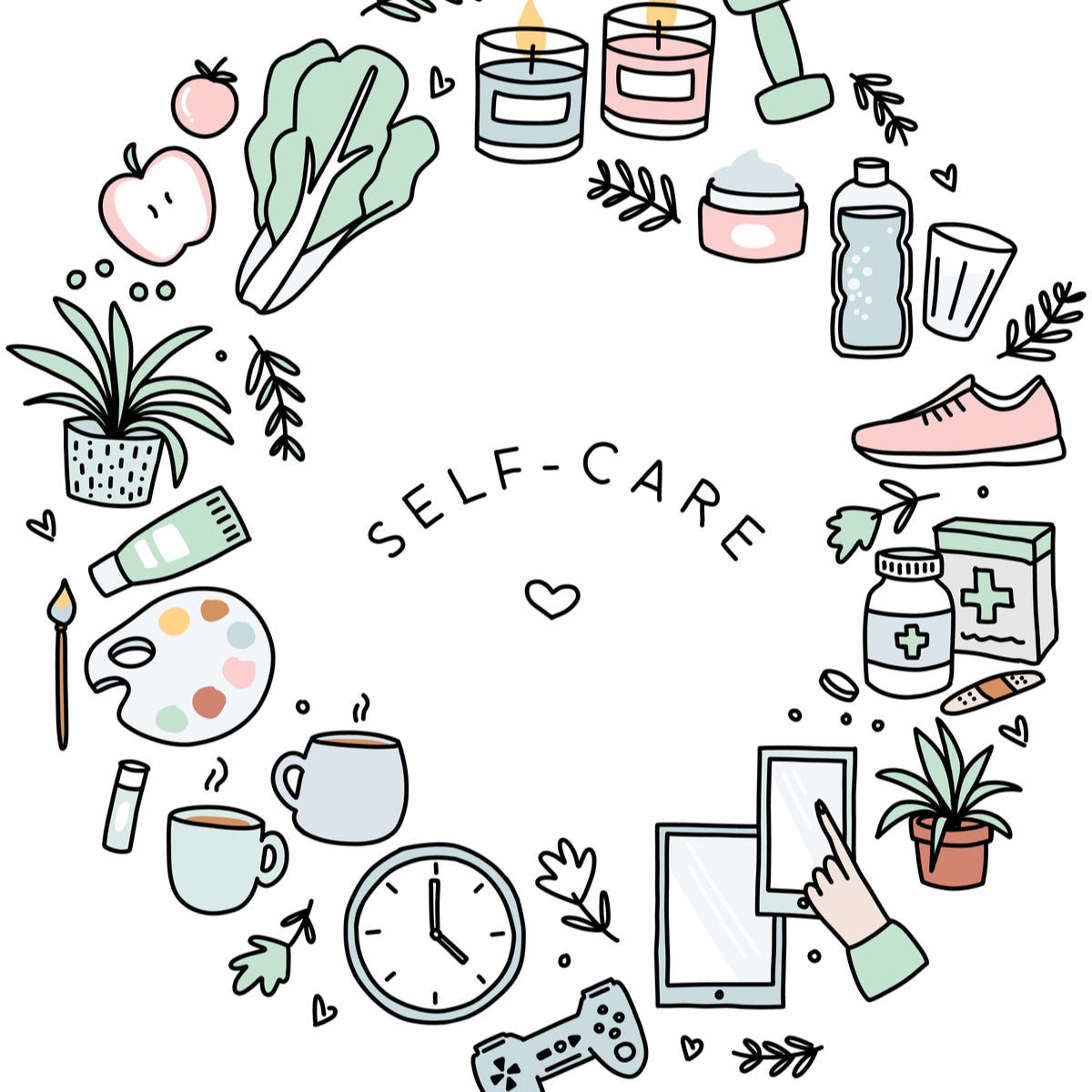 Self care icon shape. Hand drawn vector illustrations. Bold lines. Includes relaxing, exercising, eating well, health, happiness, motivation, candles, hydration, pets and more
