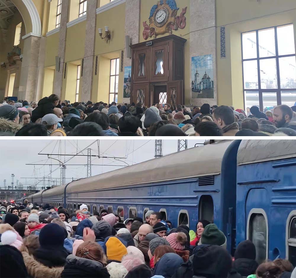 Above: Passengers try to knock down a bolted door to get to the platform at Kharkiv Railway Station; below: Passengers wait to board a train  in Kharkiv, Ukraine, March 2, 2022. Courtesy of Xu Shijie