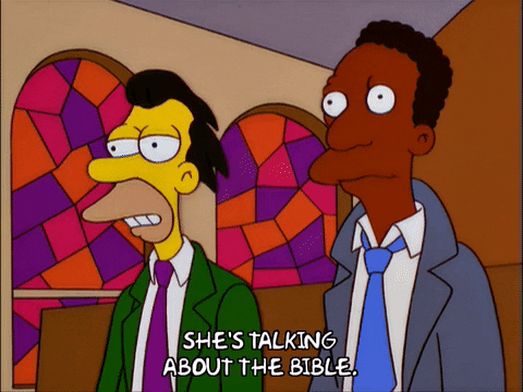 simpsons gif: lenny speaking to carl 'she's talking about the bible'