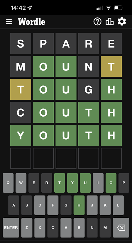 A screenshot of a completed Wordle game board where the answer is “YOUTH”