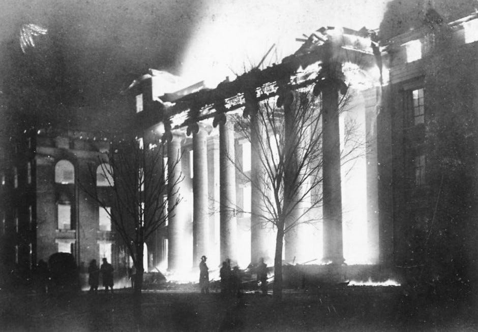 According to legend, flames started by the first light bulb west of the Mississippi engulfed Academic Hall on the evening of January 9, 1892. Courtesy University Archives C:0/3/8