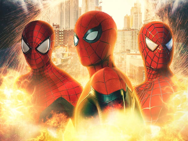 Andrew Garfield (left), Tom Holland (center), Tobey Maguire (right)