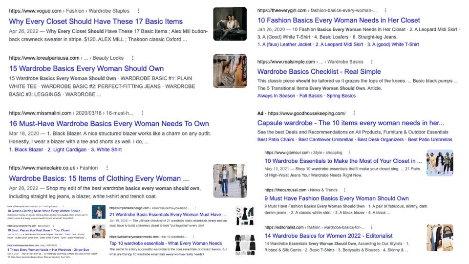 Photo collage of several Google results for "clothing items every woman needs"
