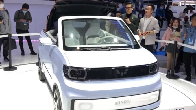 Wuling Motors unveiled a convertible model of its highly popular budget mini electric car at the Shanghai auto show in April 2021.