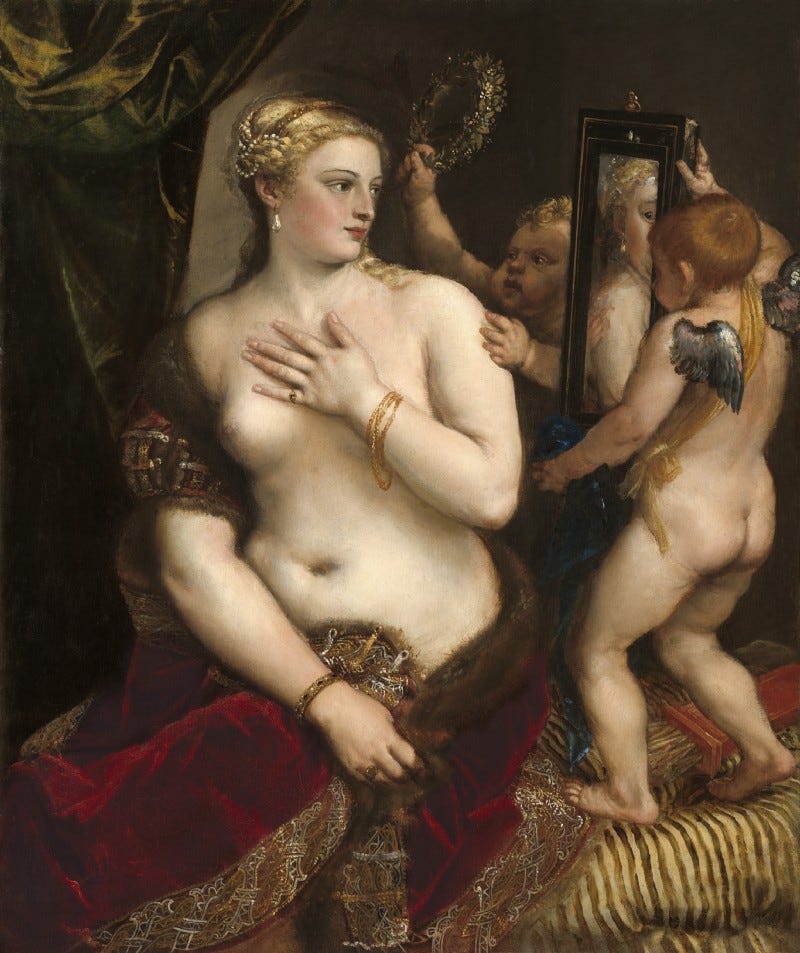 Venus admiring herself in a mirror held up by cherubs