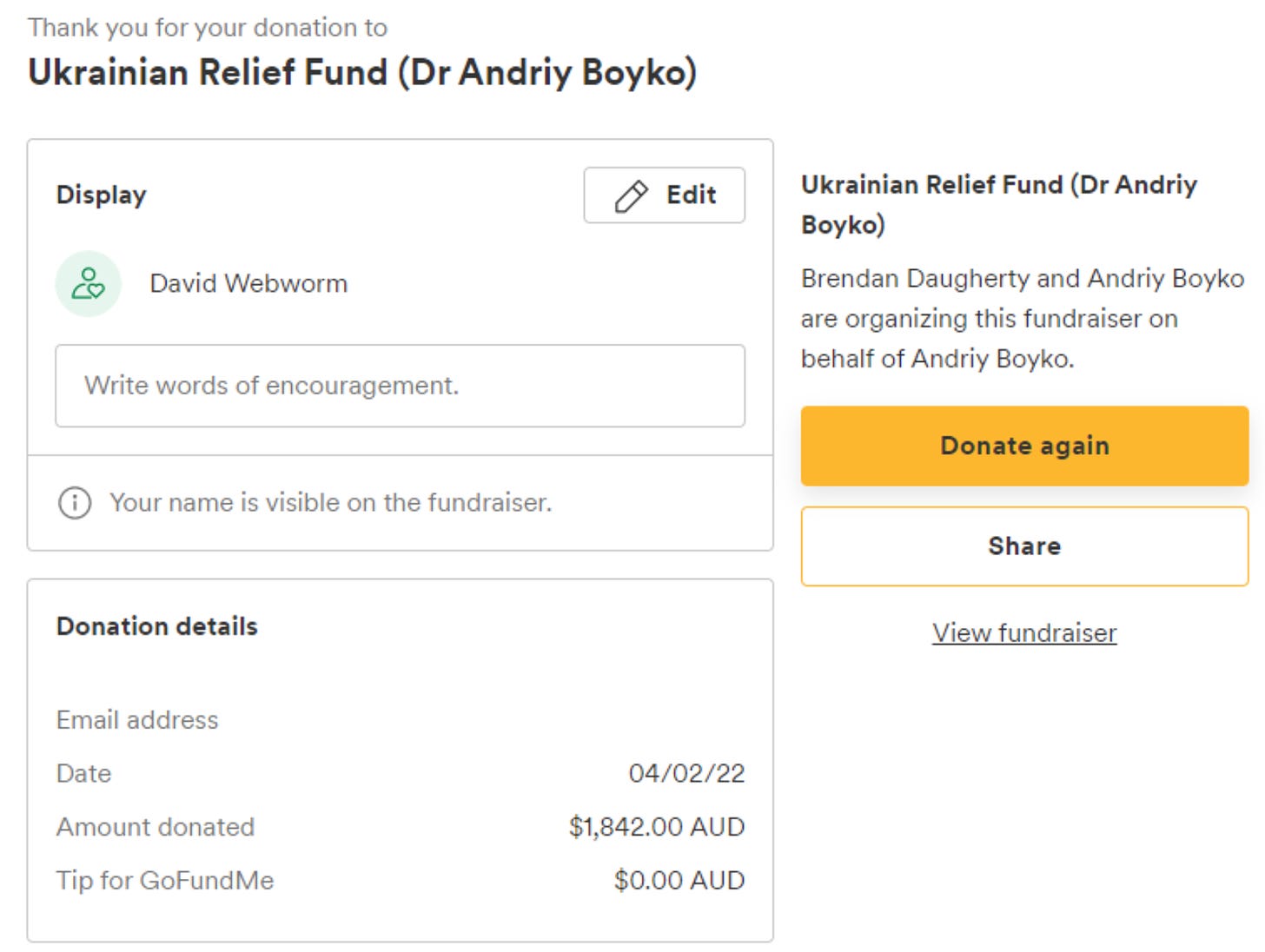 A screenshot showing the donation to the GiveALittle