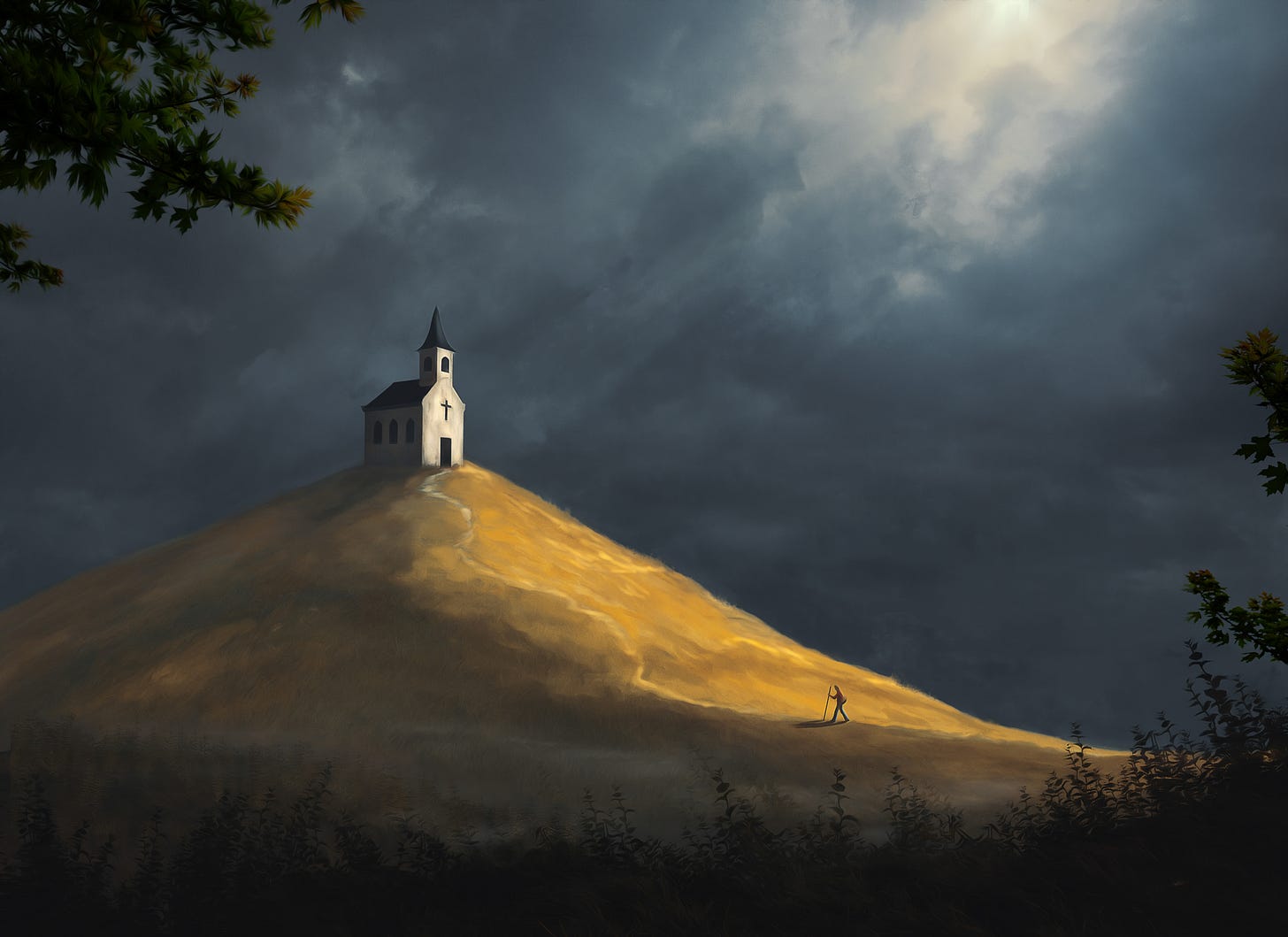 Moody painting of a church on a hill