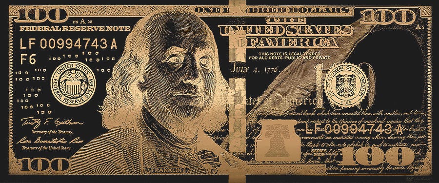 One Hundred US Dollar Bill - $100 USD in Gold on Black Digital Art by Serge  Averbukh