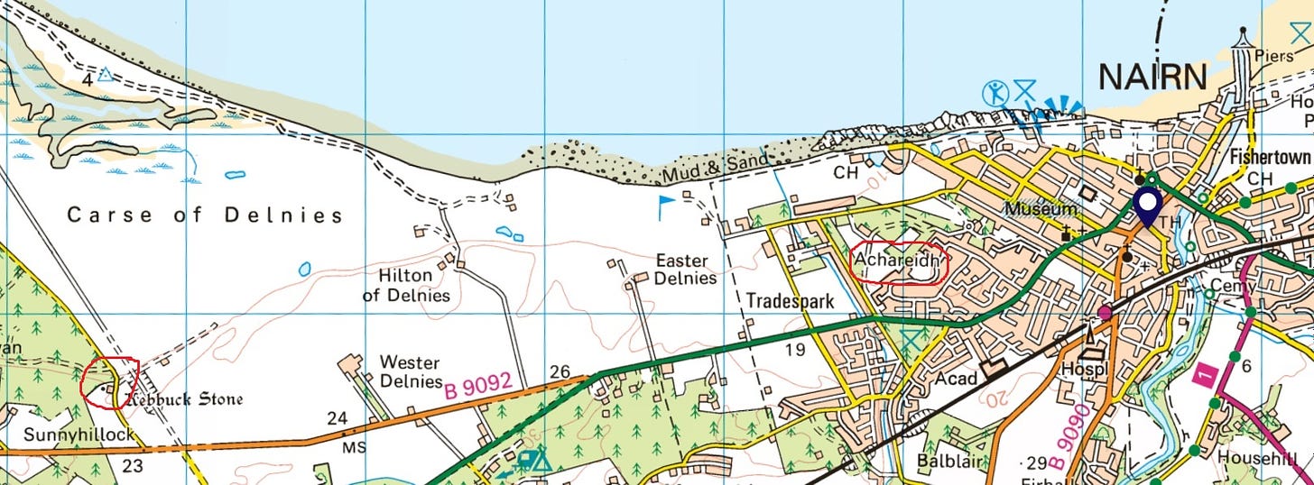 Map of Nairn and its environs showing the Kebbuck Stone at Wester Delnies and Achareidh House both circled in red. They are both close to the Moray Firth coast and sit about two miles apart.