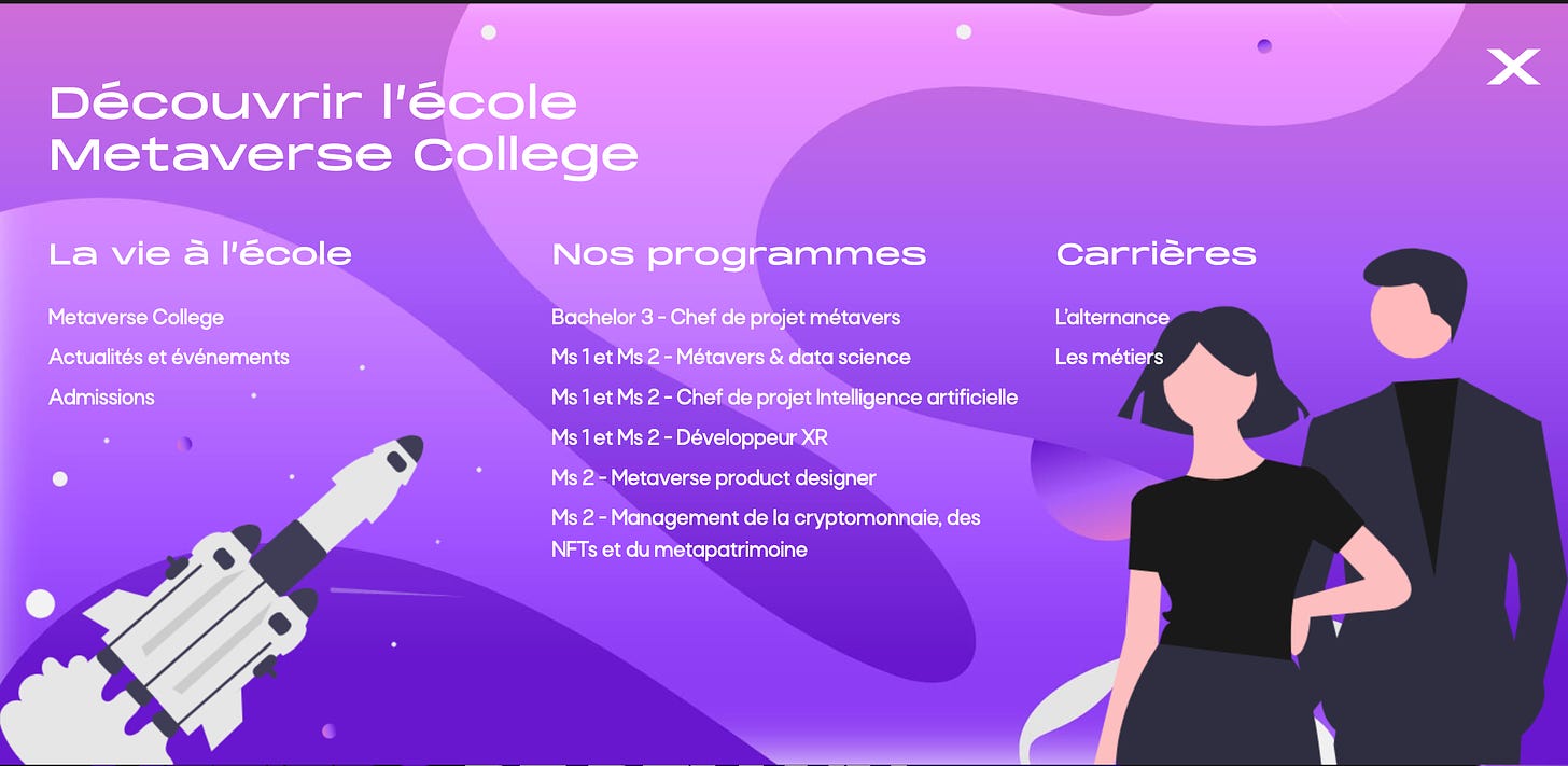 Capture d’écran du menu du site du Metaverse College