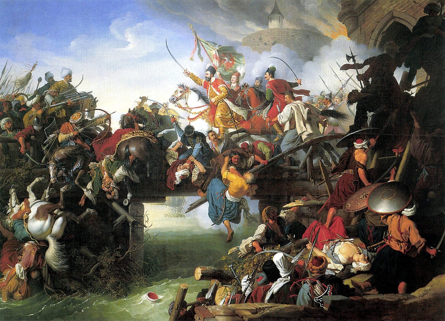 Austrian painter Johann Peter Krafft’s 1825 Nikola Šubić Zrinski's Charge from the Fortress of Szigetvár depicts Zrinski leading his men in a last ditch action (during which he was killed) against the Ottoman forces who were rushing into the city (Wikimedia Commons)