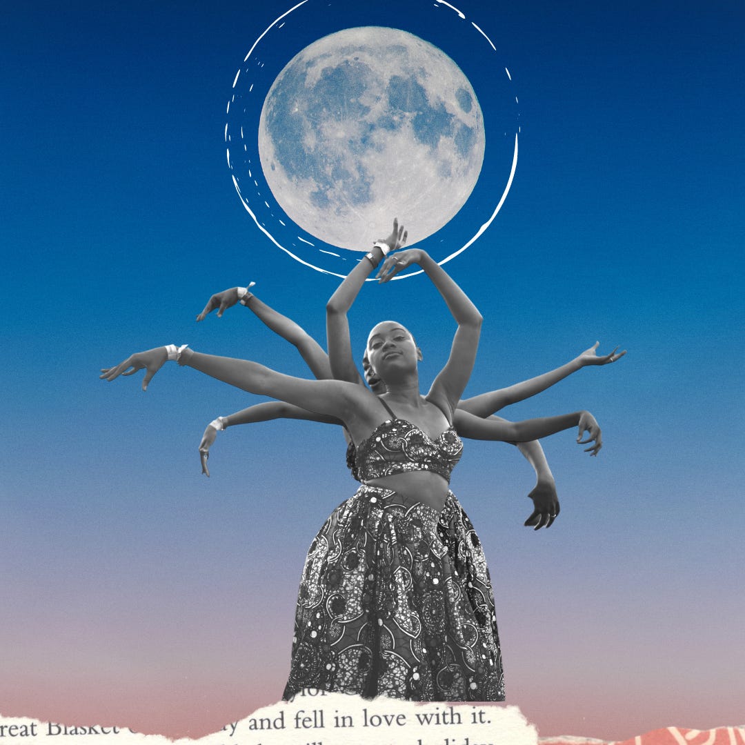 A surreal collage. A young black woman in the centre, with multiple arms shooting up around her head, the glimpse of a second head behind. She is looking down at the viewer and there is a large moon behind her. She is wearing a patterned dress with full skirts, and beneath her is a torn page of writing that reads, 'and fell in love with it'. The sky is deep purple and blue, like dusk.