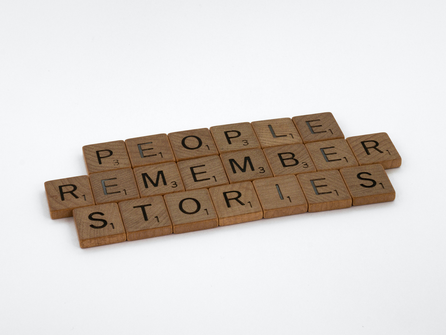 Scrabble tiles reading PEOPeople Remember Stories on white background