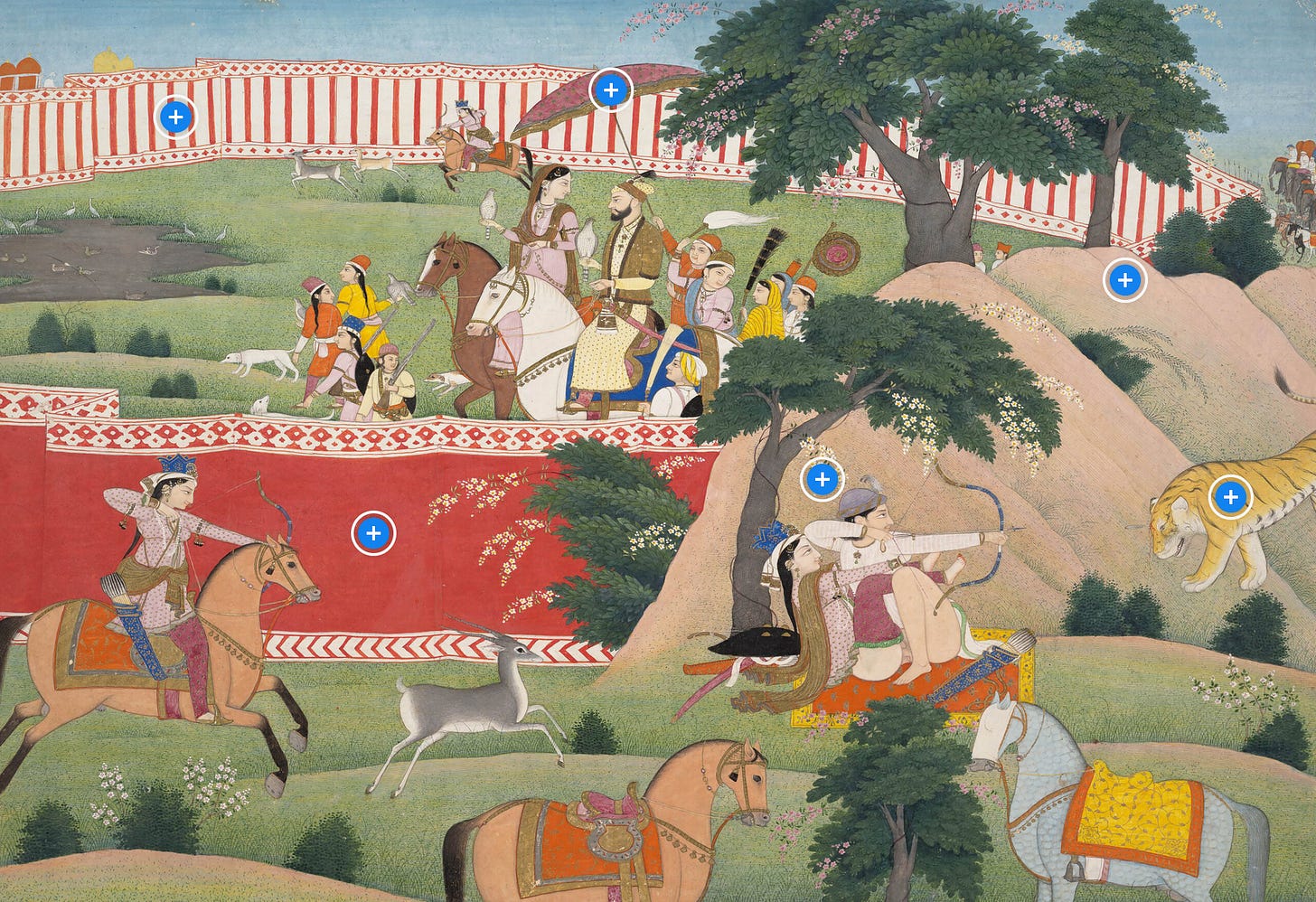 Artwork of people hunting animals by sitting or on horseback. There are tigers, deer, and dogs in the landscape.