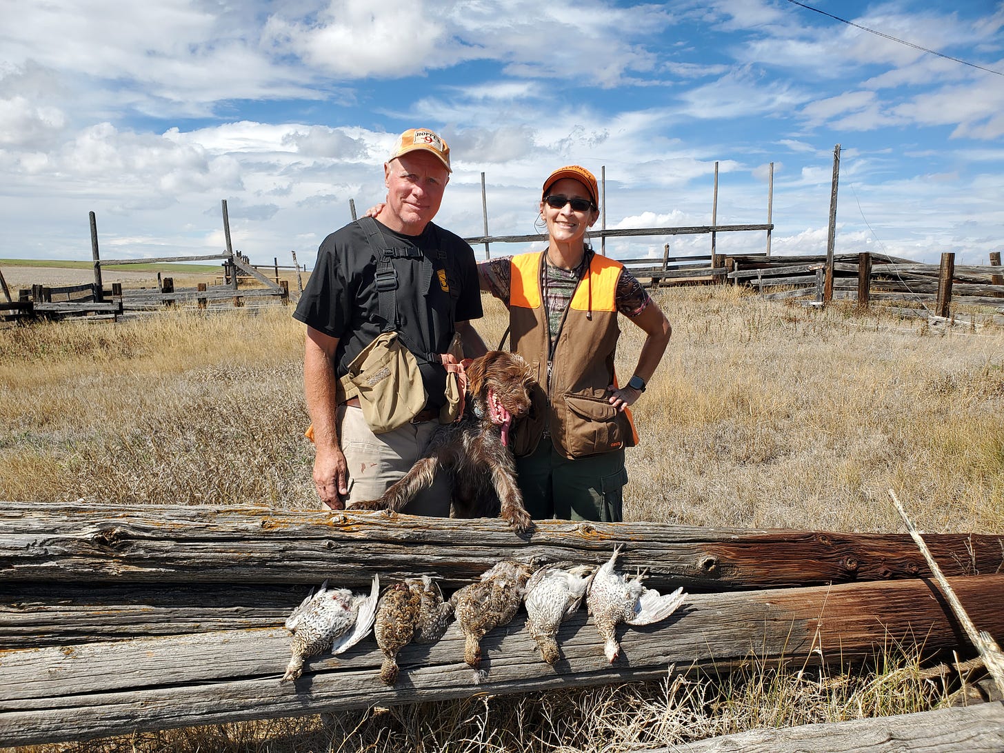 Jim and Holly with five sharp-tailed grouse