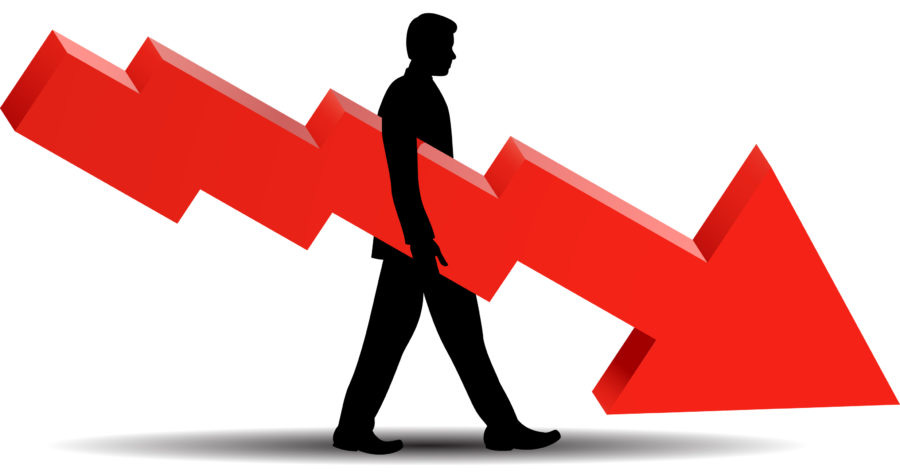 Walking man holds huge jagged red arrow pointing downward