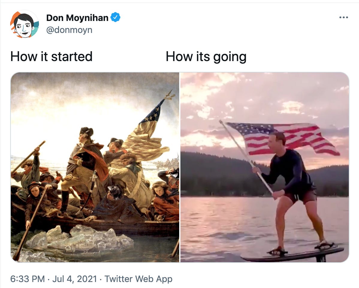 How it started How it's going meme with Washington crossing the delaware on the left and mark zuckerberg riding a foil with a flag on the right