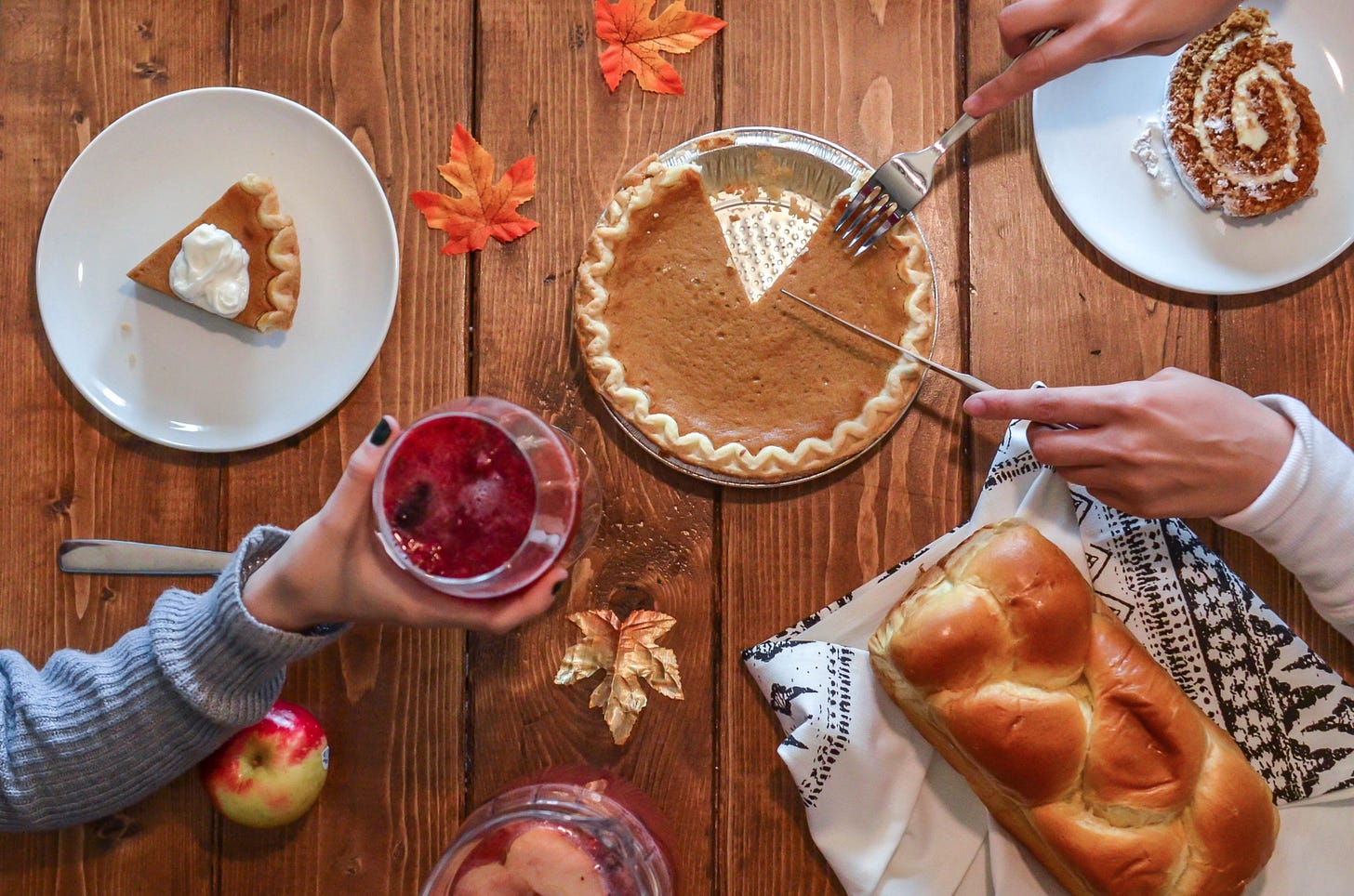 Thanksgiving pies, bread, drinks