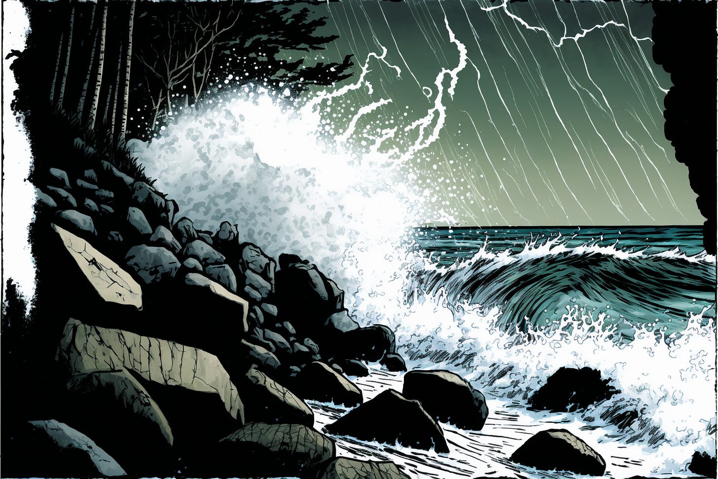 waves crashing on a shore during a storm, graphic novel