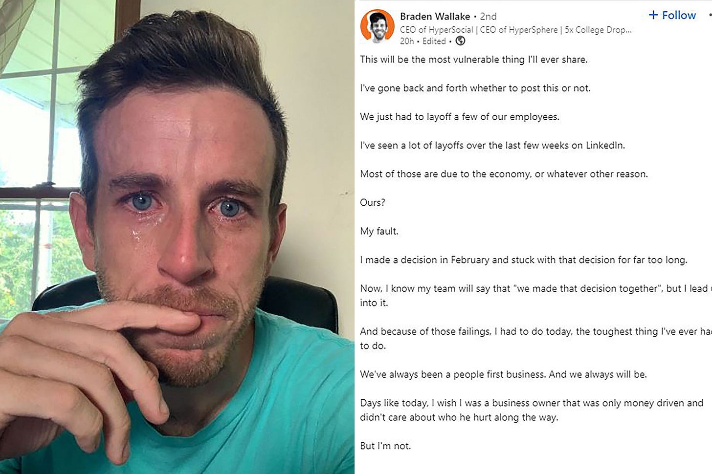 Crying CEO' doubles down on controversial LinkedIn selfie