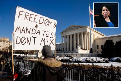 Main: A man protests the Biden administration’s workplace vaccine mandate outside the Supreme Court on Jan. 7, 2022. Inset: Supreme Court Associate Justice Sonia Sotomayor