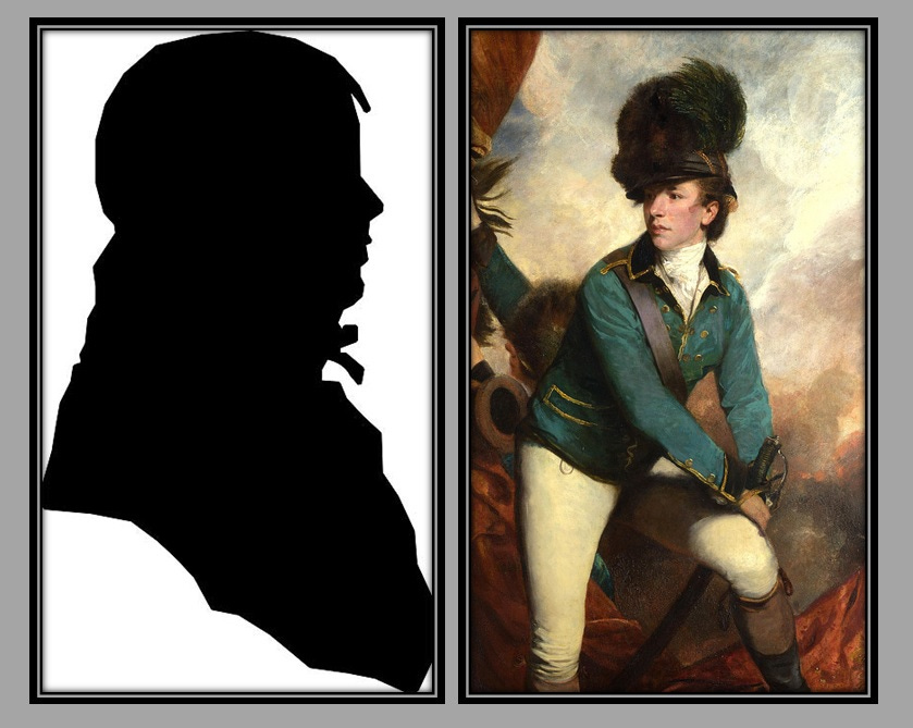 A silhouette of Jouett alongside a painting of "Bloody Tarleton."