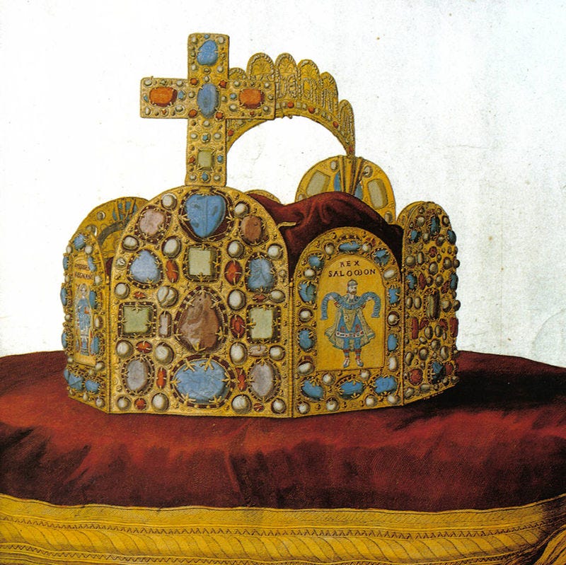 Painting of an elaborate medieval jewelled crown on a red velvet cushion