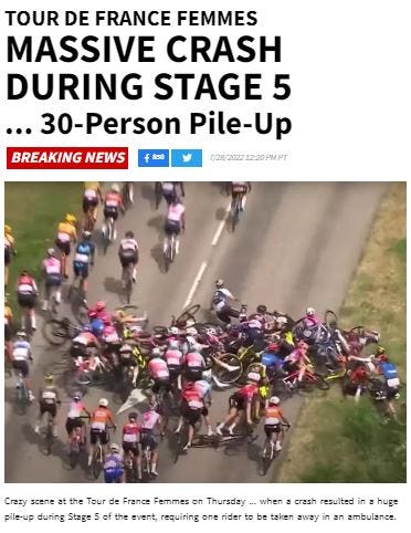 TMZ article clipping with a photo of the 30-person pile up during Tour de France.