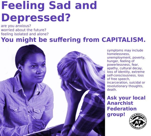 Pop-up ad spoof of a woman diagnosing a stressed woman with the cause being capitalism