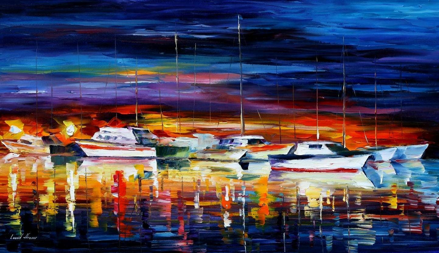 Leonid Afremov, oil on canvas, palette knife, buy original paintings, art,  famous artist, biography, official page, online gallery, large artwork,  sunset, water, boat, sea, scape, pier, dock, night, calm, yachts, harbor,  shore,